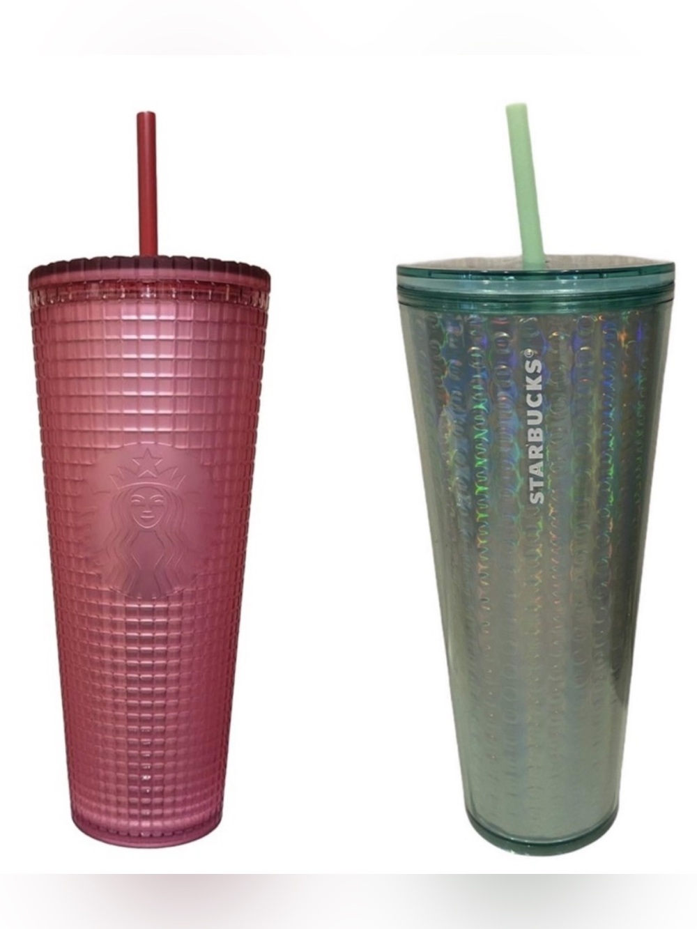 Starbucks Dusty Rose Cold Cup & Iridescent Green Bubble Tumbler 24 Oz. Venti